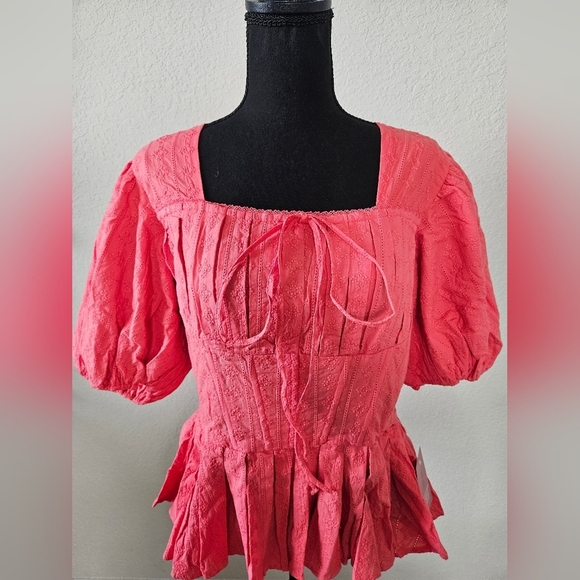 NWT Ivy City Co. Thea Corset Bustier Peplum Puff Sleeve Embroidered Top Coral L - Picture 4 of 16